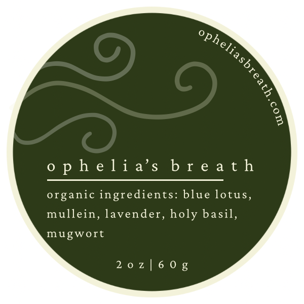 Ophelia’s Breath product label for DUSK blend. 2oz of this blend includes 30 servings. The organically sourced herbs included are blue lotus, mullein, lavender, holy basil, mugwort. Herbal smoking blends are available for wholesale or bulk purchasing.