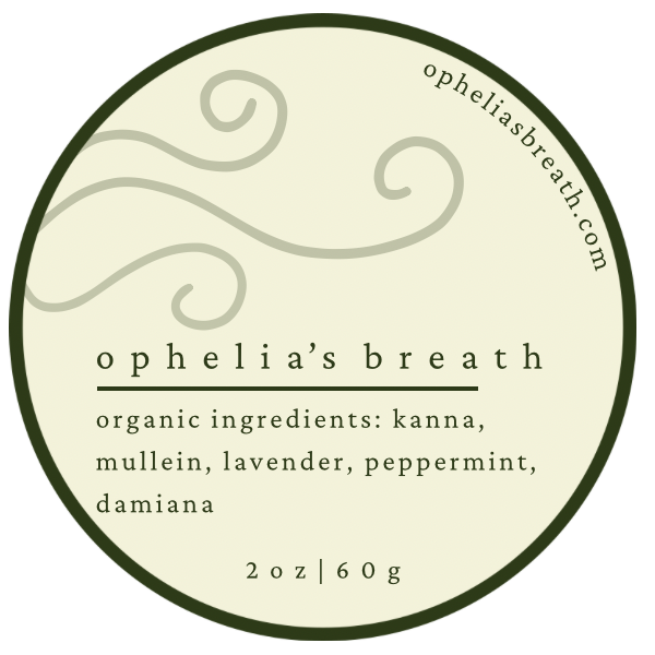 Ophelia’s Breath product label for Dawn kanna smoking blend. Other ingredients listed include ethically cultivated Sceletium tortuosum, mullein, lavender, peppermint and damiana. Herbal blends are available for wholesale or bulk purchasing.